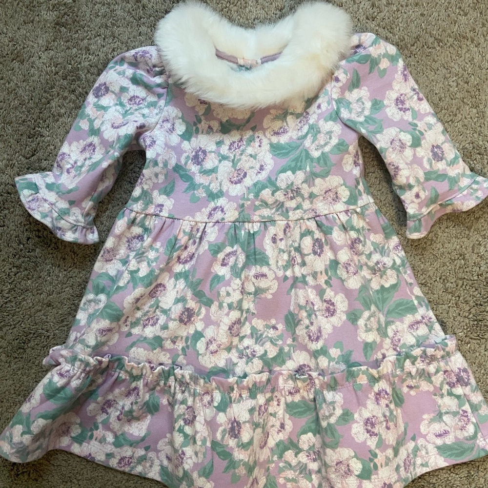 Janie and Jack Floral Dress with White Faux Fur Collar